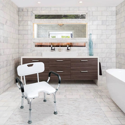 Tool Free Assembly Shower Chair For Tub No Tools Needed With Adjustable Height From 15 To 20 Inches In White Bathroom