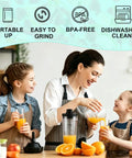 Family using 20 Oz Blender Replacement Cups For Personal Nutri-Blender Plus BN301 BN300 with smoothies and oranges.