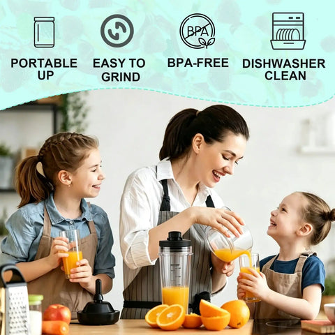 Family using 20 Oz Blender Replacement Cups For Personal Nutri-Blender Plus BN301 BN300 with smoothies and oranges.
