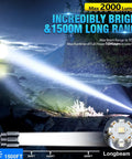 Rechargeable 2000 Lumens LED Flashlight With Long Beam Power Display illuminating a river with 1500m range at night