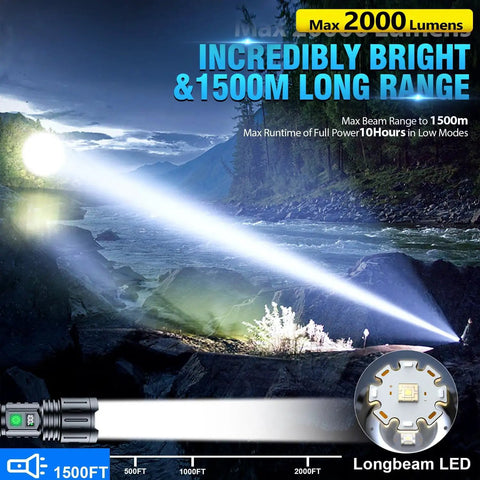 Rechargeable 2000 Lumens LED Flashlight With Long Beam Power Display illuminating a river with 1500m range at night