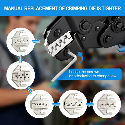 Diagram showing jaw replacement for Six Piece Ratcheting Crimping Tool Set With Pro Grade Wire Crimper Jaws For Heat Shrink Terminals