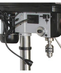 Close-up of the Workhorse Floor Drill Press with Sixteen Speeds, Thirteen Inch Swing, Three Quarter HP, 120V, highlighting controls.