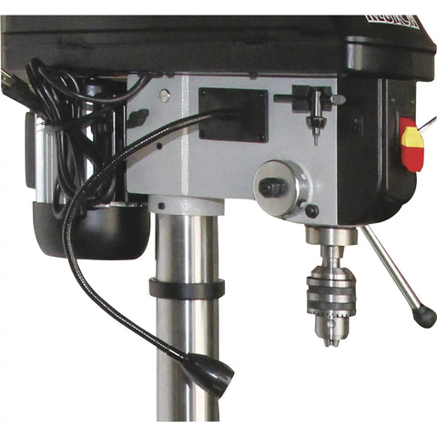 Close-up of the Workhorse Floor Drill Press with Sixteen Speeds, Thirteen Inch Swing, Three Quarter HP, 120V, highlighting controls.