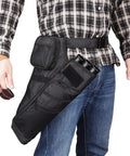 Person wearing Three Tube Hip Quiver Waist Pack For Archery With Adjustable Belt Arrow Carrier With Pockets Black Oxford Fabric.