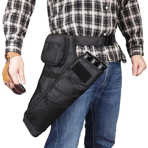 Person wearing Three Tube Hip Quiver Waist Pack For Archery With Adjustable Belt Arrow Carrier With Pockets Black Oxford Fabric.