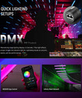 DMX control panel with Handheld TL60 RGB Tube Light 20W Full Color LED Video Wand With App 2 4G DMX Control in use, showcasing stage lighting effects.