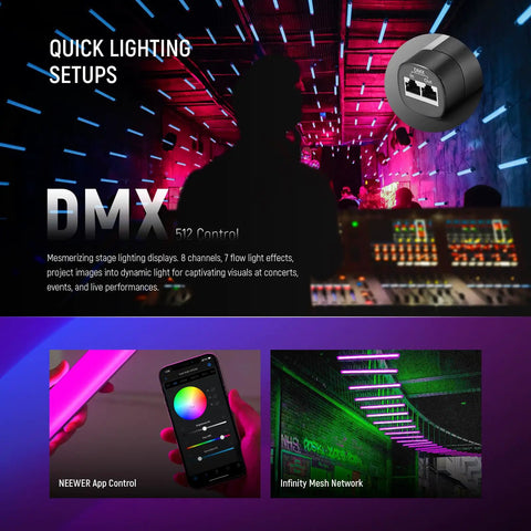 DMX control panel with Handheld TL60 RGB Tube Light 20W Full Color LED Video Wand With App 2 4G DMX Control in use, showcasing stage lighting effects.