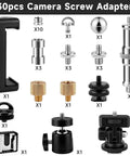 Camera Tripod Mount Kit 30 Piece Set With One Quarter Inch And Three Eighths Inch Adapters Includes Mini Ball Head Cold Shoe Mount Phone Holder Clamp Double End Screws And Other Mounting Gear For Photo And Video, assorted metal adapters