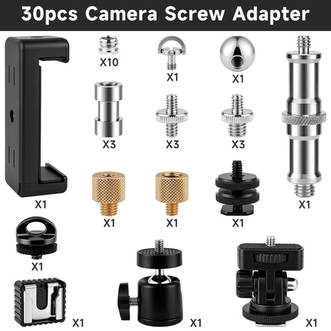 Camera Tripod Mount Kit 30 Piece Set With One Quarter Inch And Three Eighths Inch Adapters Includes Mini Ball Head Cold Shoe Mount Phone Holder Clamp Double End Screws And Other Mounting Gear For Photo And Video, assorted metal adapters