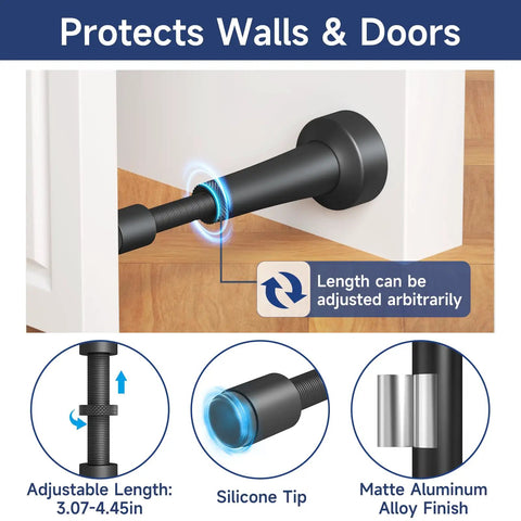 Adjustable Door Stoppers With Heavy Duty Aluminum Body And Thick Frosted Silicone Keep Things Rock Solid Against Walls Non Slip Floor Protectors with adjustable length shown.