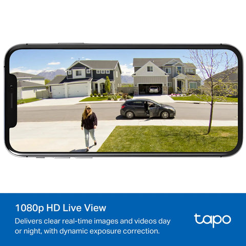 Smartphone displaying front yard view from Solar Powered Outdoor Security Cam 1080p Wireless Battery Powered With Solar Panel Person Detection Local Storage Or Optional Cloud No Monthly Fees Works With Alexa And Google Assistant C402 Kit
