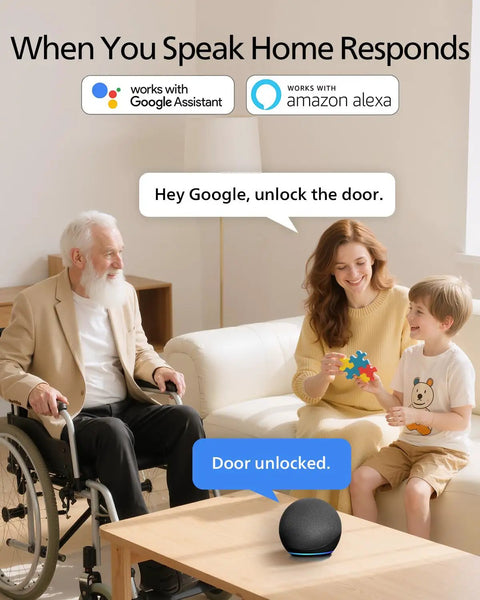 Family using voice control with Alexa and Google Assistant to unlock WiFi Smart Door Lock With Keyless Entry And Auto Lock