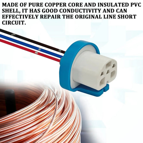 Ride Ready 9007 9004 HB1 HB5 Headlight Wiring Harness Socket Adapter close-up of ceramic plug with copper wiring.