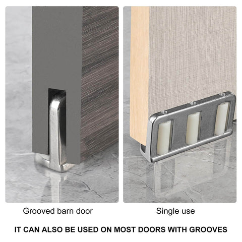 Installed Two Pack Sliding Barn Door Floor Guide With Adjustable Rollers Wall Mount System on grooved door, steel rollers visible.