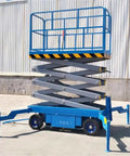 Heavy Duty Electric Hydraulic Scissor Lift Table Mobile Industrial Cargo Platform 16 Feet with blue frame and raised deck.