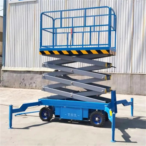 Heavy Duty Electric Hydraulic Scissor Lift Table Mobile Industrial Cargo Platform 16 Feet with blue frame and raised deck.