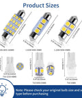 42 Piece Interior Car Light Kit With Lit White LEDs, Includes T10 31mm 36mm 41mm Bulbs And 194 LED Modules, bulb sizes shown