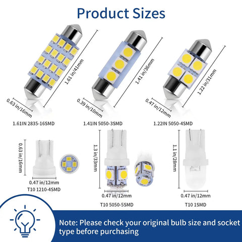 42 Piece Interior Car Light Kit With Lit White LEDs, Includes T10 31mm 36mm 41mm Bulbs And 194 LED Modules, bulb sizes shown