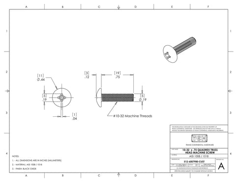 Top Notch Twenty Pack Black Cage Nuts With 1032 Threads And Three Quarter Inch Quadrex Drive Screws Paired With Nylon Washers An Awesome Heavy Duty Bundle For Server Rack Rails And Av Cabinet Setup technical drawing of 10-32 x 3/4 inch Quadrex drive screw.
