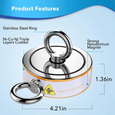 Double Sided Magnetic Fishing Kit With Beast 2600 Lb Pull, 100 Ft Rope, stainless steel neodymium magnet dimensions shown