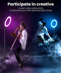 Musicians performing with 12 Inch Ring Light With 72 Inch Tripod Stand Dual Phone Holders 38 Color Modes Selfie Ring Light for creative lighting.