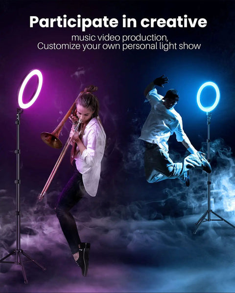 Musicians performing with 12 Inch Ring Light With 72 Inch Tripod Stand Dual Phone Holders 38 Color Modes Selfie Ring Light for creative lighting.