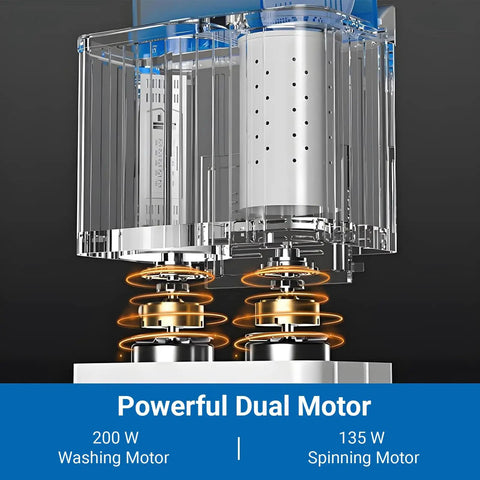 Compact Portable Twin Tub Washer Thirty Two Pounds Semi Auto Model powerful dual motor design showing washing and spinning motors.