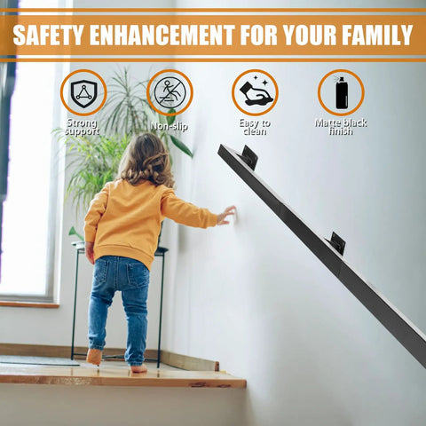Child using Heavy Duty 14 Foot Wall Mount Stair Handrail Built Like A Tank Steel Rail Matte Black for safe support on stairs.