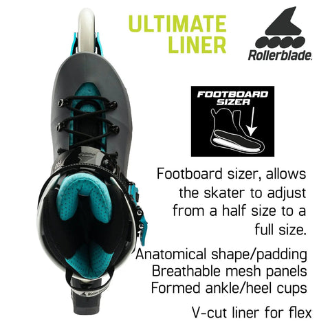 Maxxum XT W Women's Inline Skates Anthracite Aqua Size 8, top view showing liner and footboard sizer on black boot.