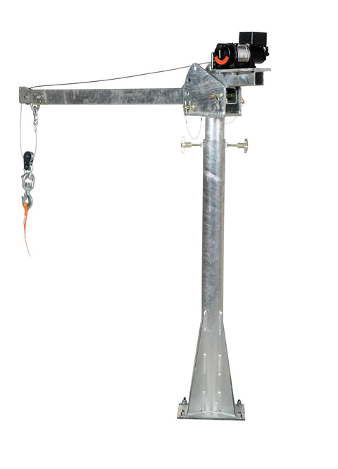Heavy Duty DC Powered Jib Crane With Hassle Free Cable Winch, 2000 Lb Capacity, galvanized steel frame, side view, mounted