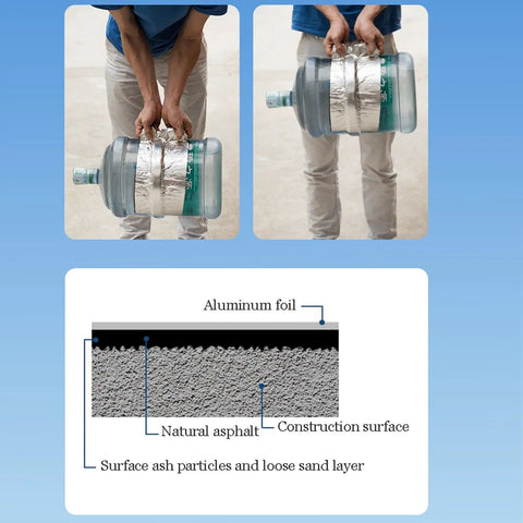 Person holding a water jug wrapped in Heavy Duty Flashing Tape For Roofs Hella Waterproof Aluminum Foil Underlayment Roll Sealant Membrane.