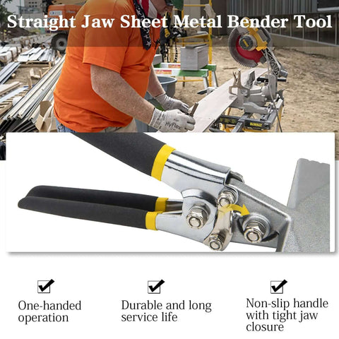 6 Inch Hand Seamer Tool With Straight Jaw Benders for Flattening Sheet Metal, ergonomic handle visible, used in metal workshop