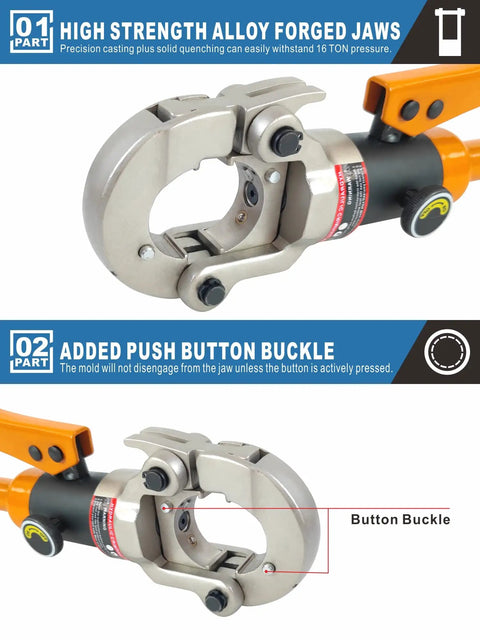 Hydraulic Copper Tube Fittings Crimping Tool With One Half Inch Three Quarter Inch And One Inch Jaw Sizes, close-up of jaws and buckle