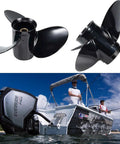 Right Hand Aluminum Boat Propeller 11 Eighth Inch Diameter 14 Pitch For BRP Johnson Evinrude OMC Stern Drive 40 50HP With 13 Spline Three And One Quarter Gearcase Four Stroke Fits Evinrude 40 50HP Beefed Up Performance shown next to a boat on water.
