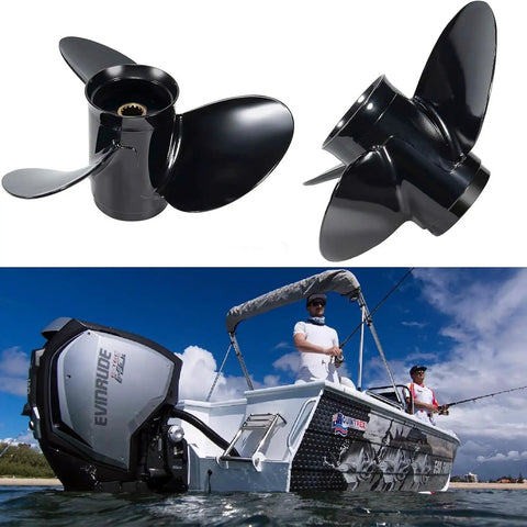 Right Hand Aluminum Boat Propeller 11 Eighth Inch Diameter 14 Pitch For BRP Johnson Evinrude OMC Stern Drive 40 50HP With 13 Spline Three And One Quarter Gearcase Four Stroke Fits Evinrude 40 50HP Beefed Up Performance shown next to a boat on water.