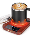 Electric Coffee Cup Warmer With Auto Shut Off And Nine Temperature Settings 36W Rapid Desk Mug Heater with black ceramic tumbler.