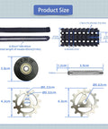 Adjustable Robot Tank Track Kit With Drive Gears And Pin Removal Tool for DIY RC Cars dimensions overview and components.