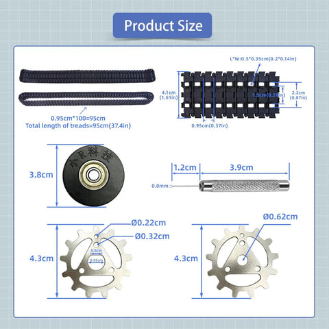 Adjustable Robot Tank Track Kit With Drive Gears And Pin Removal Tool for DIY RC Cars dimensions overview and components.