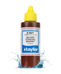 Fas-Dpd Titrating Reagent 2 oz dropper bottle chlorine test by Taylor with yellow cap and label, water splash base.
