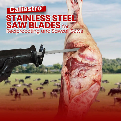 12 Inch Stainless Steel Frozen Meat Bone Cutting Saw Blades in use on a large piece of meat, outdoor setting
