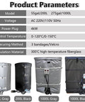 Industrial Oil Drum Heater Blanket With Adjustable Thermostat For 275 Gallon Tanks And Pipes, shown in various sizes and colors.