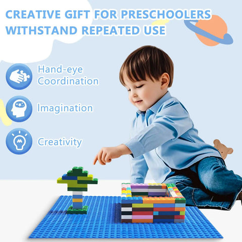 Four 10x10 Classic Building Brick Baseplates Set In Green Black Blue And Dark Grey For Totally Creative City Castle And Vehicle Builds, A Universal Play Surface To Expand Any Brick World And Boost Multiplayer Fun. Blue baseplate with child building brick scene