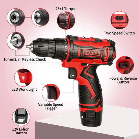 Powerful 12V Cordless Drill Driver Kit With 43 Piece Home Tool Set, Dual Speed, 25 To 1 Torque, LED Work Light, Quick Charge