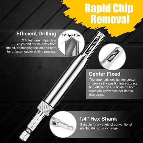 Self-Centering Drill Bit Set, 17 Pieces VIX Bits With 1/4 Inch Hex Shank showing efficient drilling and rapid chip removal.