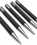 Ready For Some Badass DIY 5 Piece Center Punch Set Hardened Steel Knurled Grip Kit with tapered points for precision marking.