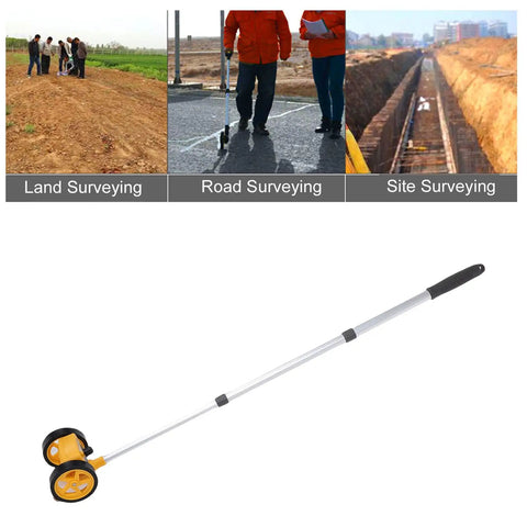 NDNCZDHC Rolling Measuring Wheel, 4 Inch Distance Measure Tool 0-9999.9m, Telescopic Rod Measuring Wheel on a survey site.