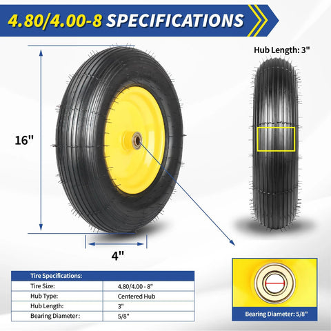 Two Pack 16 Inch Wheelbarrow Tire And Wheel With 4.80 4.00 8 Size Pneumatic Wheel Centered Hub 3 To 6 Inches And Five Eighths Inch Bearings