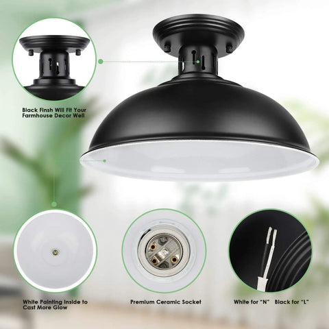 Farmhouse Semi Flush Mount Ceiling Light Fixture With E26 Base, Industrial Black Open Barn Shade Pendant Lamp details