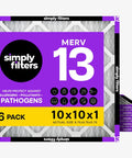 Front view of 10x10x1 Simply Filters MERV 13 pleated air filter 6-pack for HVAC systems, showing packaging design and features.